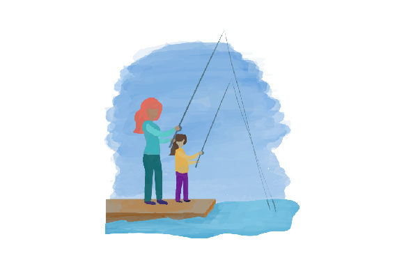 Mom and Daughter Fishing Watercolor in Crafts and Hobbies